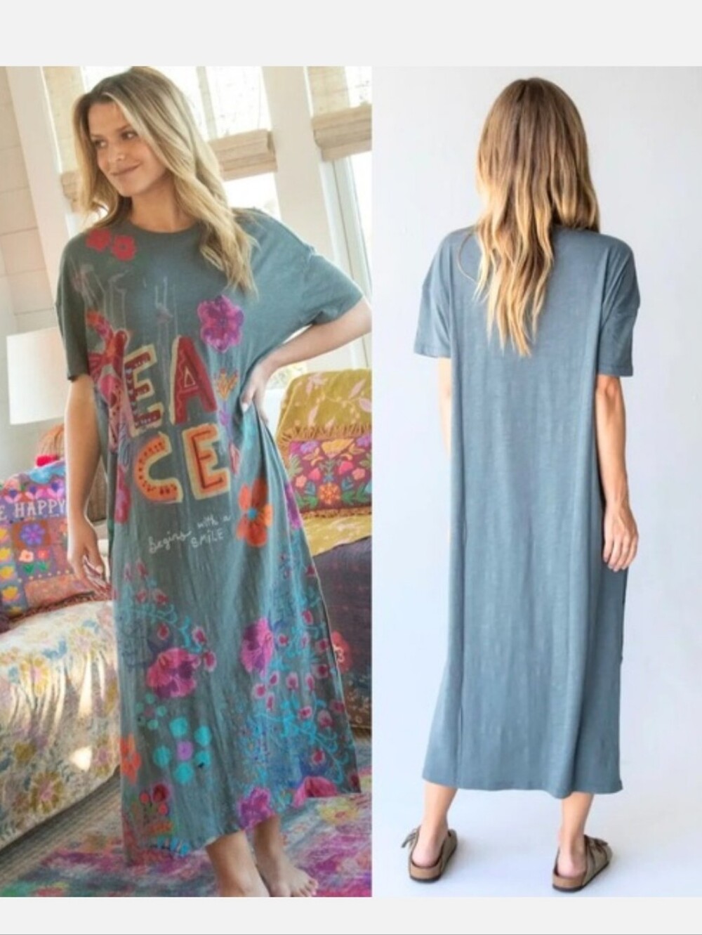 Life Is A Canvas Cotton Maxi T-Shirt Dress Natural Life Peace Floral - Picture 2 of 13
